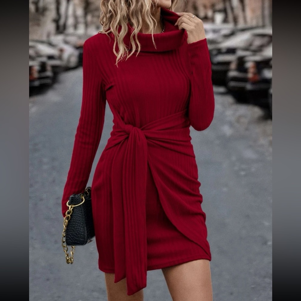 Classic Long Sleeve Cowl Neck Knot Side Wrap Hem Ribbed Dress - Picture 1 of 16